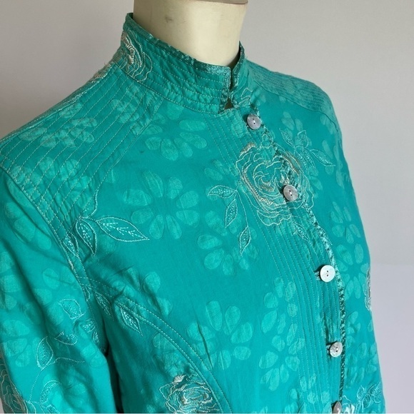 MIRASOL Women’s Embroidered Roses Jacket Mandarin Collar Shell Buttons Green S - Picture 6 of 14